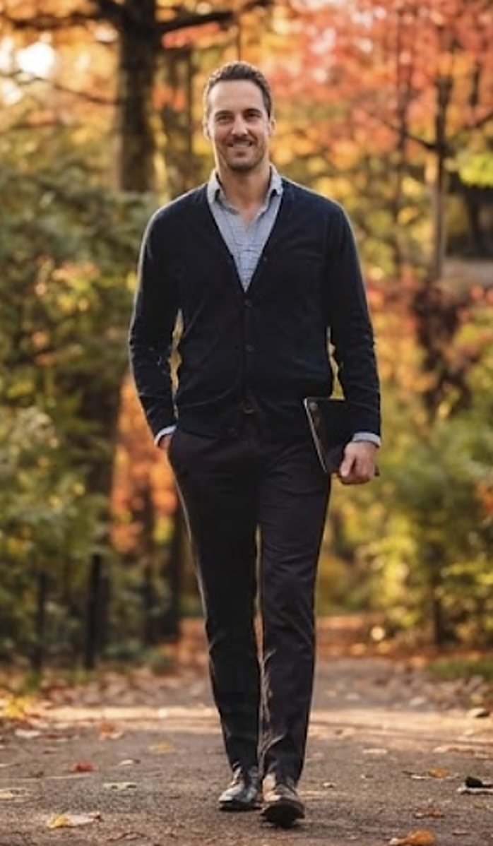 A man in a cardigan walking along an autumn path, a notebook under his arm